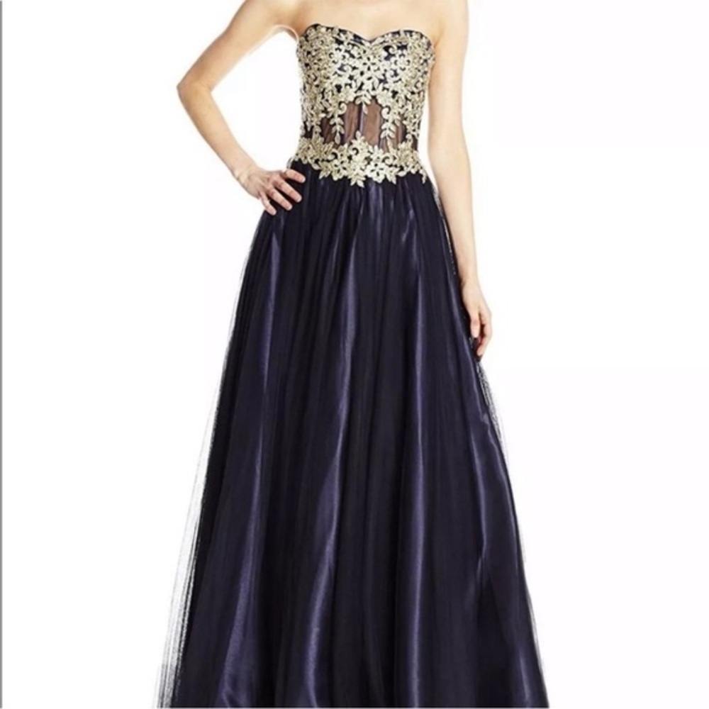 Blondie Nites Gown Juniors Size 9 Navy Long Mesh Gown Corset Style Gold Prom